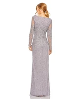 Mac Duggal Women's High Neck Sequin Embellished Long Sleeve A Line Gown