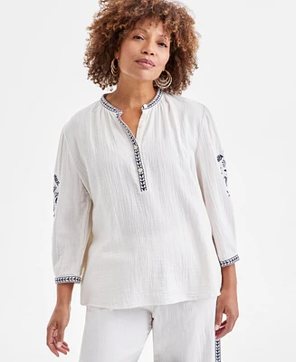 Style & Co Women's Cotton Gauze Embroidered Popover Top, Exclusively at Macy's
