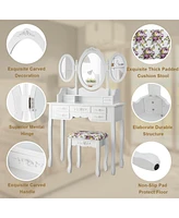 Sugift Vanity Set with Tri-Folding Mirror and Cushioned Stool