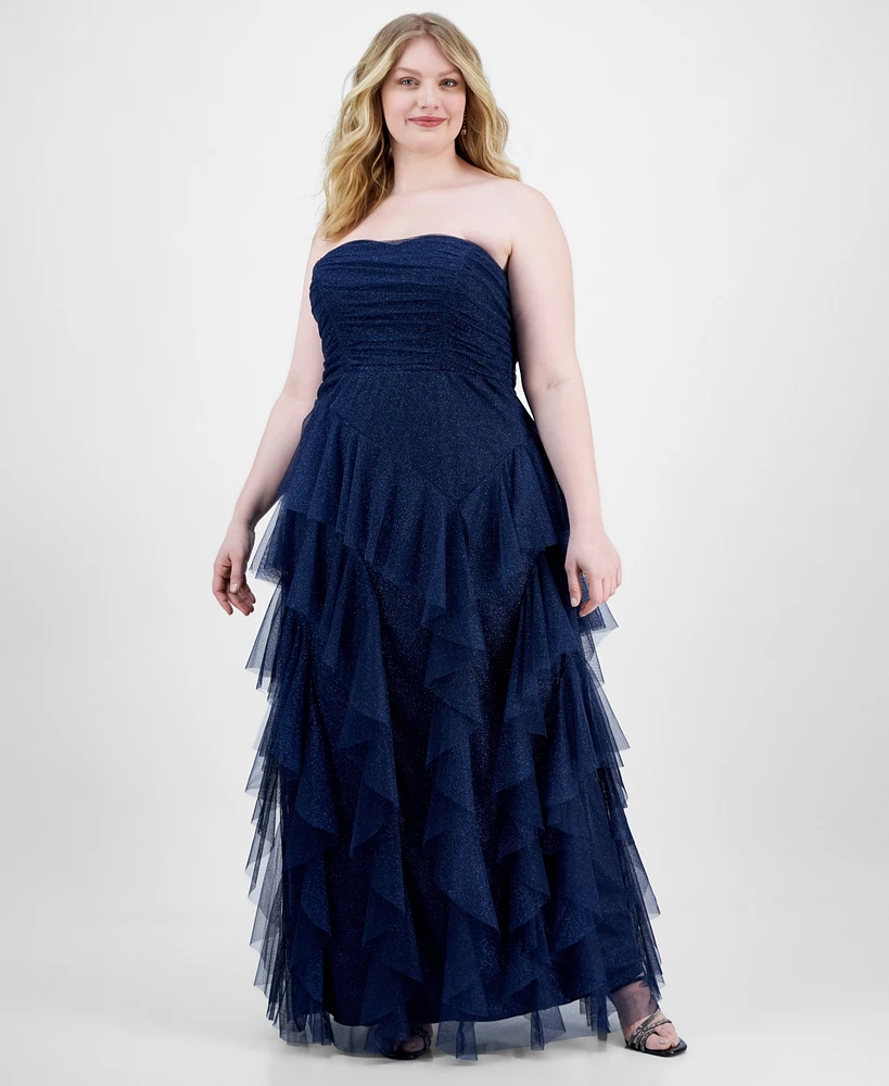 pear culture Plus Sparkle Strapless Ruffle-Tiered Gown