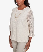 Alfred Dunner Women's Coming Up Roses Lace Woven Top with Necklace