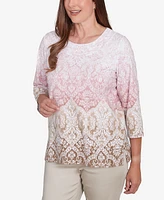 Alfred Dunner Women's Coming Up Roses Ombre Medallion Three Quarter Sleeve Top with Necklace