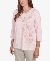 Alfred Dunner Women's Coming Up Roses Asymmetric Floral Embroidered Crew Neck Top