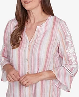 Alfred Dunner Women's Coming Up Roses Striped Button Down Embroidered Sleeve Top