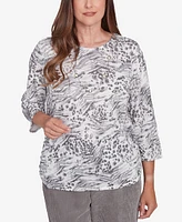 Alfred Dunner Women's Copenhagen Monotone Gray Animal Print Top