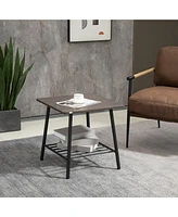 Homcom Square Side Table with Storage, 2-Tier End Table with Slat Shelf and Metal Frame for Living Room, Gray