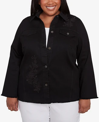 Alfred Dunner Plus Wild at Heart Floral Embroidered Denim Jacket