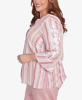 Alfred Dunner Plus Coming Up Roses Striped Button Down Embroidered Sleeve Top