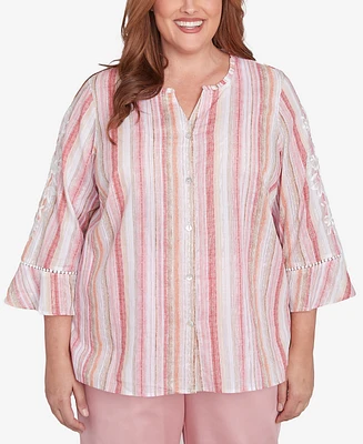 Alfred Dunner Plus Coming Up Roses Striped Button Down Embroidered Sleeve Top