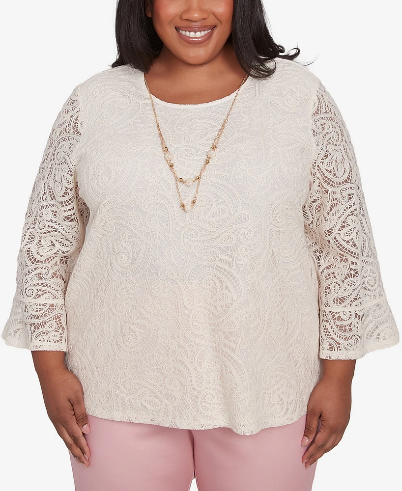 Alfred Dunner Plus Coming Up Roses Lace Woven Top with Necklace