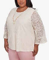 Alfred Dunner Plus Coming Up Roses Lace Woven Top with Necklace