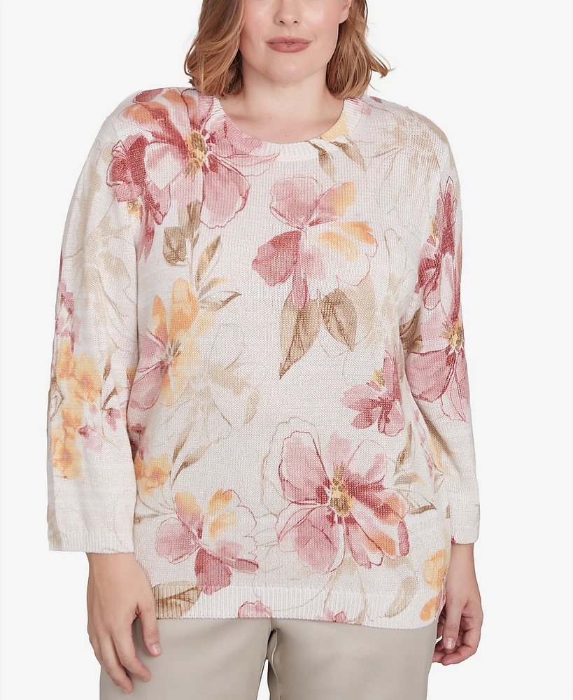 Alfred Dunner Plus Coming Up Roses Crew Neck Floral Sweater