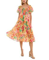 Crystal Doll Juniors' Printed Square-Neck Bubble-Sleeve Dress