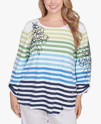 Ruby Rd. Plus Striped Embellished Three Quarter Sleeve Top