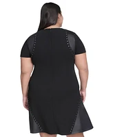 Dkny Plus Studded Mixed-Media Short-Sleeve Dress