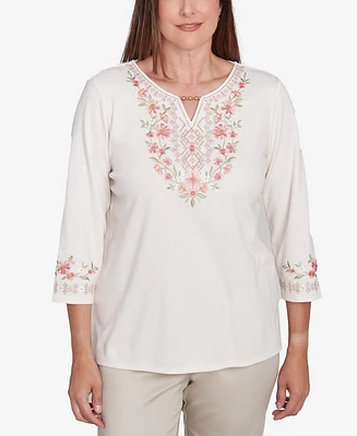 Alfred Dunner Petite Split Beaded Neck Embroidered Knit Top