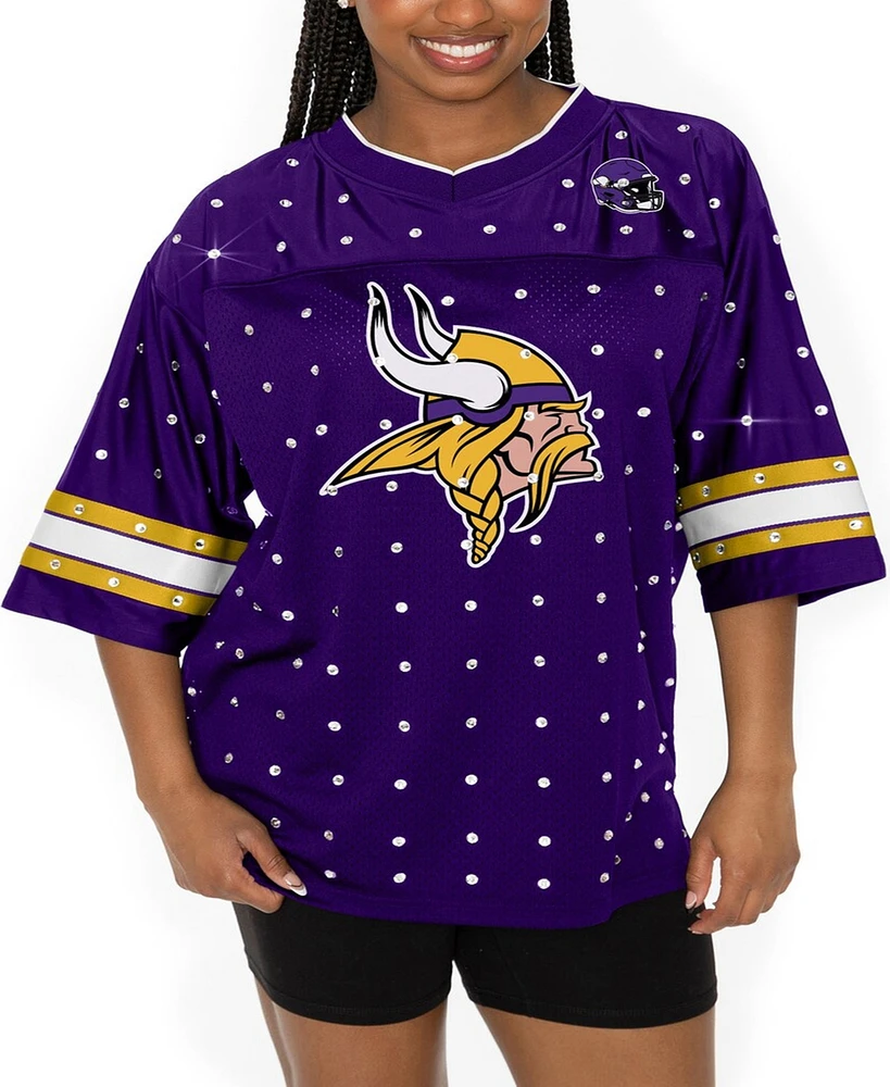 Gameday Couture Women's Purple Minnesota Vikings All-Over Rhinestone Sports Stripe Kickoff V-Neck Fashion Half-Sleeve Jersey Top