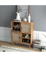 Gouun Rattan Buffet Cabinet with 2 Doors and 2 Cubbies