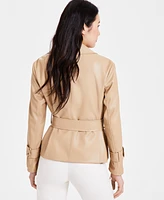 Anne Klein Women's Faux-Leather Belted Short Trench Jacket