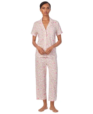 Lauren Ralph Women's 2-Pc. Short-Sleeve Notch-Collar Cropped-Pant Pajama Set