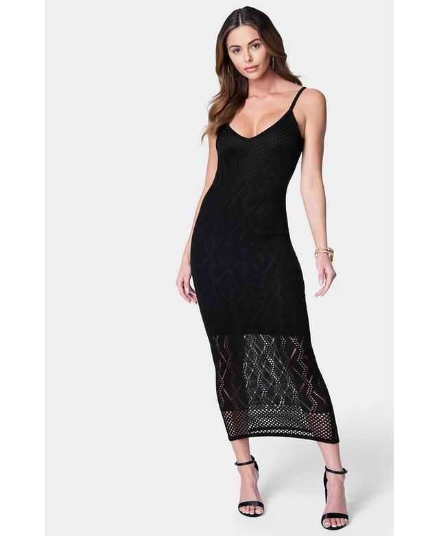 black bodycon dress with front zipper High Neck Lace Midi Dress – bebe main image 0