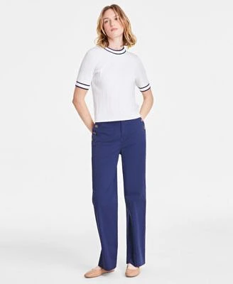 On 34th Womens Tipped Cable Knit Short Sleeve Sweater Solid High Rise Wide Leg Sailor Pants Exclusively At Macys