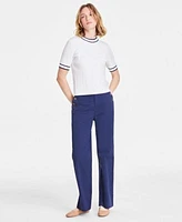 On 34th Womens Tipped Cable Knit Short Sleeve Sweater Solid High Rise Wide Leg Sailor Pants Exclusively At Macys