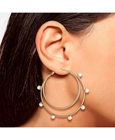 Jessica Simpson Gold-Tone Double Hoop Earrings with Faux Pearl Accents – Elegant and Trendy