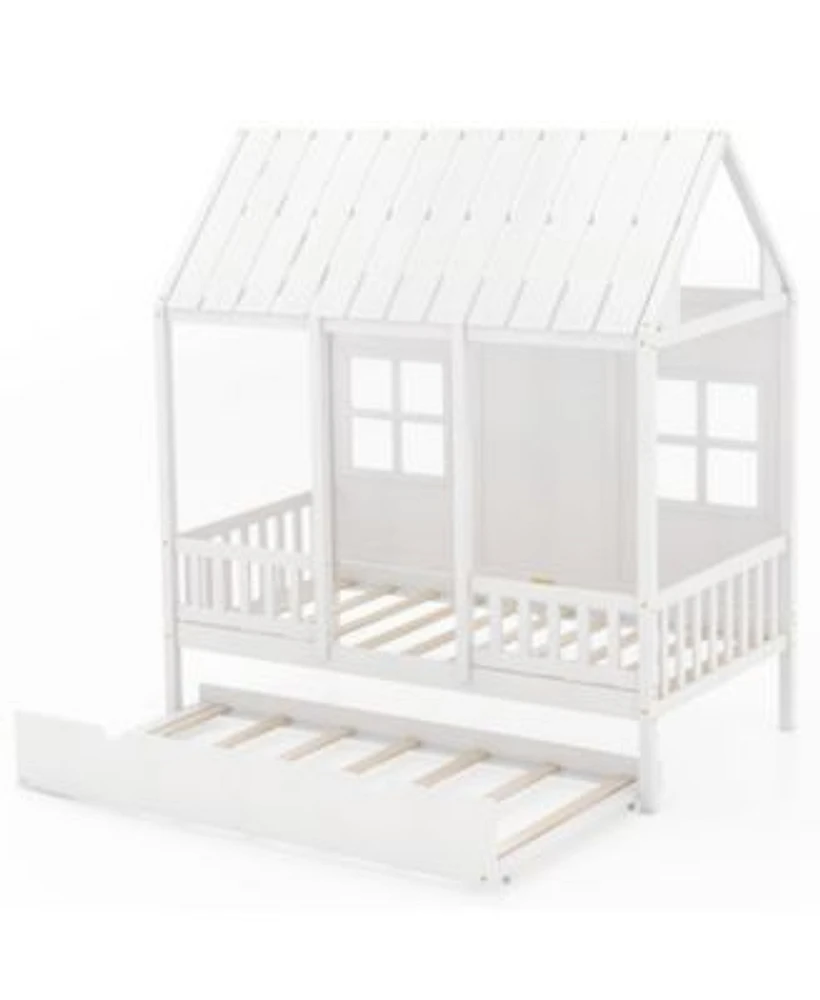 Twin Size Bed Frame House Bed with Trundle 82 Inch Tall Roof
