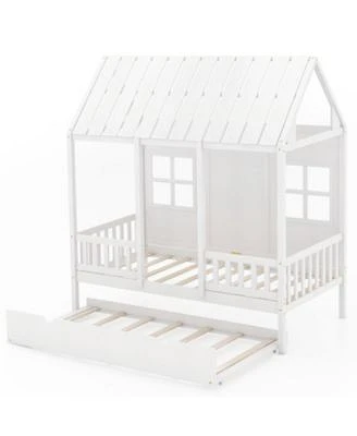 Twin Size Bed Frame House Bed with Trundle 82 Inch Tall Roof
