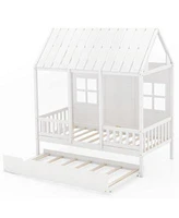 Twin Size Bed Frame House Bed with Trundle 82 Inch Tall Roof
