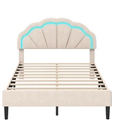 Gouun Upholstered Led Bed Frame with Adjustable Flower Headboard and Metal Support Feet-Full Size