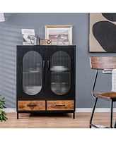 Gouun Kitchen Industrial Buffet Sideboard with Tempered Glass Doors