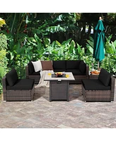 Costway 7PCS Patio Rattan Furniture Set 30'' Fire Pit Table Cover Cushion Sofa