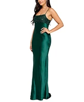 Emerald Sundae Juniors' Sequined-Top Lace-Up-Back Gown