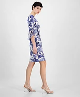 Connected Women's Printed Side-Tab Bell-Sleeve Dress