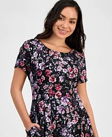 Connected Petite Printed Short-Sleeve Fit & Flare Dress