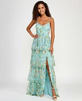 City Studios Juniors' Ruffled Embroidered Tiered Gown, Created for Macy's