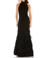 Mac Duggal Women's Jersey Halter Gown with Feather Tiered Detail