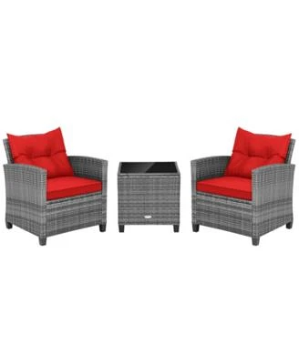 Gouun 3 Pieces Outdoor Wicker Conversation Set With Tempered Glass Tabletop