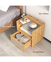Gouun Bamboo Rattan Nightstand with Drawer and Solid Wood Legs