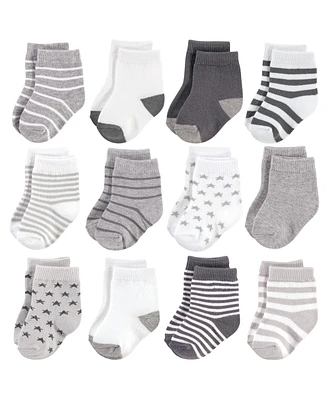 Hudson Baby Baby Boys Hudson Unisex Cotton Rich Newborn and Terry Socks, Gray White Star, 12-24 Months