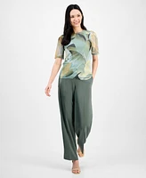 Anne Klein Women's Abstract-Print Elbow-Sleeve Mesh Top