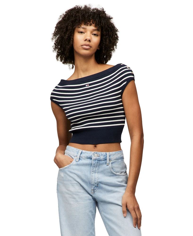 Tommy Jeans Women's Off-The-Shoulder Striped Cotton Sweater