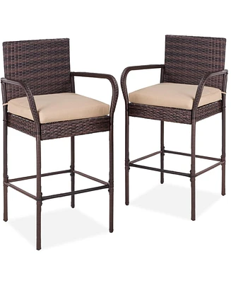 Slickblue Set of 2 Brown Indoor/Outdoor Wicker Bar Stools with 2 Tan Cushions