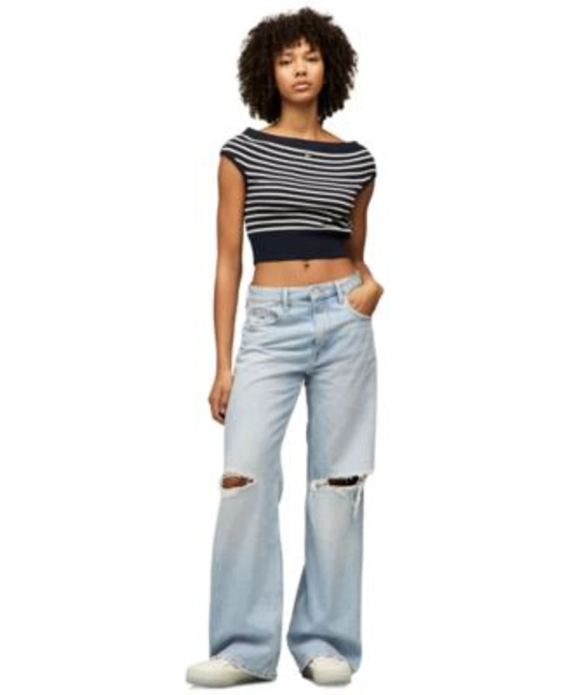 Tommy Jeans Womens Striped Off The Shoulder Sweater Mia Relaxed Straight Jeans
