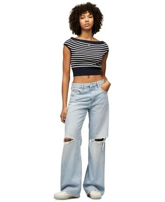 Tommy Jeans Womens Striped Off The Shoulder Sweater Mia Relaxed Straight Jeans