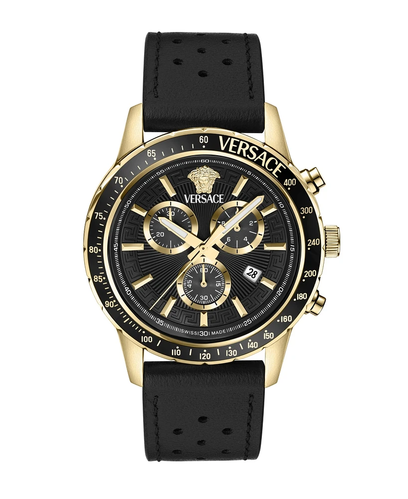 Versace Men's Sport Chrono Ip Yellow Gold Stainless Steel and Leather Strap Watch, 44mm