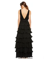 Mac Duggal Women's Sleeveless Ruffle Tiered V Neck Gown