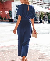 Cupshe Women's Blue Boatneck Short Sleeve Straight Leg Jumpsuit